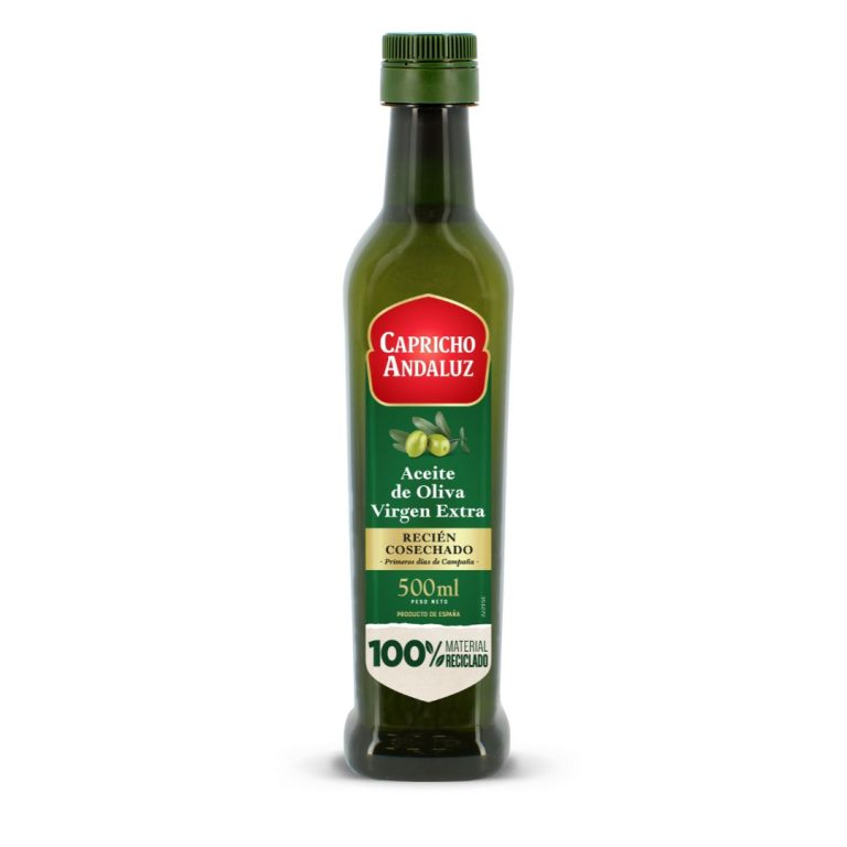 Botella de Aceite Recién Cosechado Capricho Andaluz 500ml en envase PET 100% reciclado Virgen Extra.