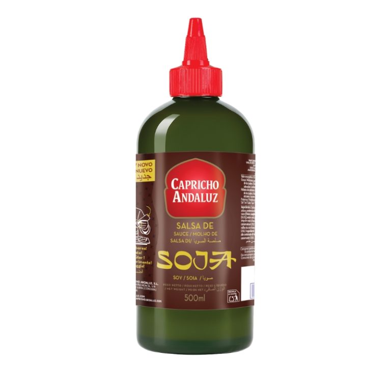 Envase tipo biberón de Salsa de soja 500ml Capricho Andaluz con dosificador de precisión.